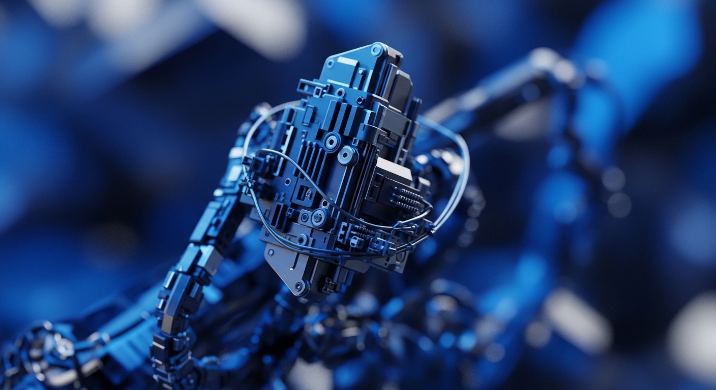 The image displays a detailed view of advanced, metallic blue mechanical components, forming an intricate, high-tech system. Visible are various interconnected parts, wires, and structural elements, suggesting a sophisticated processing unit or robotic arm