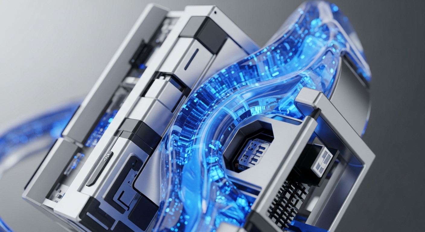 A sophisticated metallic computing apparatus features a transparent conduit showcasing vibrant blue particle streams. This advanced hardware configuration symbolizes optimized blockchain data transmission and processing within a robust validator node architecture. The illuminated flow represents high-throughput transaction validation, cryptographic hashing operations, and efficient block propagation across a distributed ledger network. Such infrastructure is critical for maintaining network integrity, executing smart contracts, and ensuring the scalability of decentralized applications, embodying the core principles of Web3.
