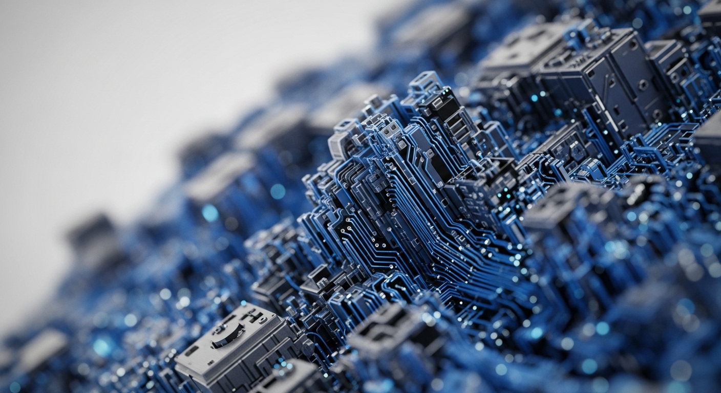 Intricate digital circuitry with glowing blue pathways interconnects dark modular components, representing a complex blockchain architecture. This visual metaphor illustrates the underlying node infrastructure crucial for distributed ledger technology DLT. The illuminated traces symbolize transaction processing and block propagation across a decentralized network, where cryptographic hashing secures on-chain data. Each component could signify a validator node or an ASIC performing Proof-of-Work computations, ensuring digital asset security and smart contract execution within the Web3 backbone.