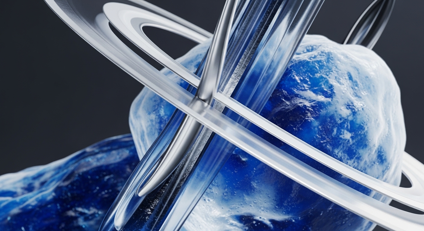 A striking abstract composition features a prominent, textured blue spherical mass, reminiscent of a frozen celestial body or a data block, intricately surrounded by multiple translucent and metallic rings. A sleek, reflective silver tubular structure diagonally traverses the scene, intersecting the rings and the central blue form, all set against a dark, minimalist background