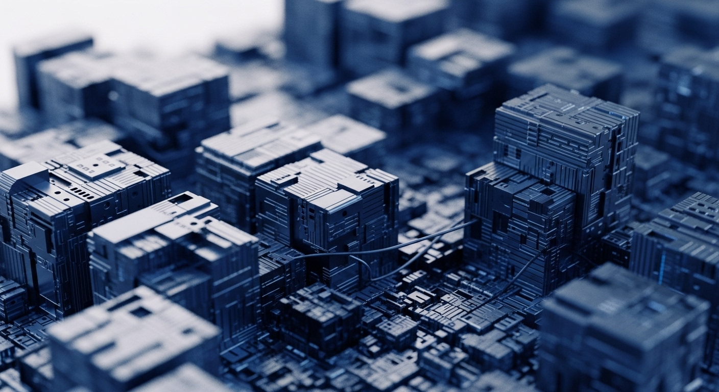 A high-angle, shallow depth-of-field perspective reveals a dense, intricate network of metallic, cube-like structures, representing a decentralized network architecture. These nodes are interconnected by subtle lines, symbolizing data pathways within a distributed ledger technology framework. Each data block features complex surface detailing, suggesting embedded smart contracts or hashing algorithms. The cool blue and grey tones emphasize the technological precision of blockchain infrastructure, where transaction processing occurs across a vast, interconnected ecosystem. This visual metaphor highlights the foundational elements of Web3 and DeFi applications.