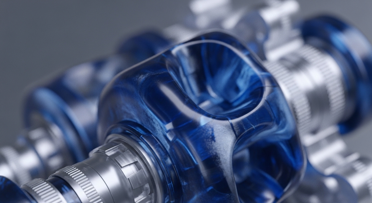 The image displays a detailed view of advanced mechanical components, showcasing translucent blue sections with intricate white, marbled patterns alongside finely machined silver-grey metallic parts. The blue elements exhibit a dynamic, almost fluid appearance, contrasting with the rigid, textured metallic structures that interlock precisely