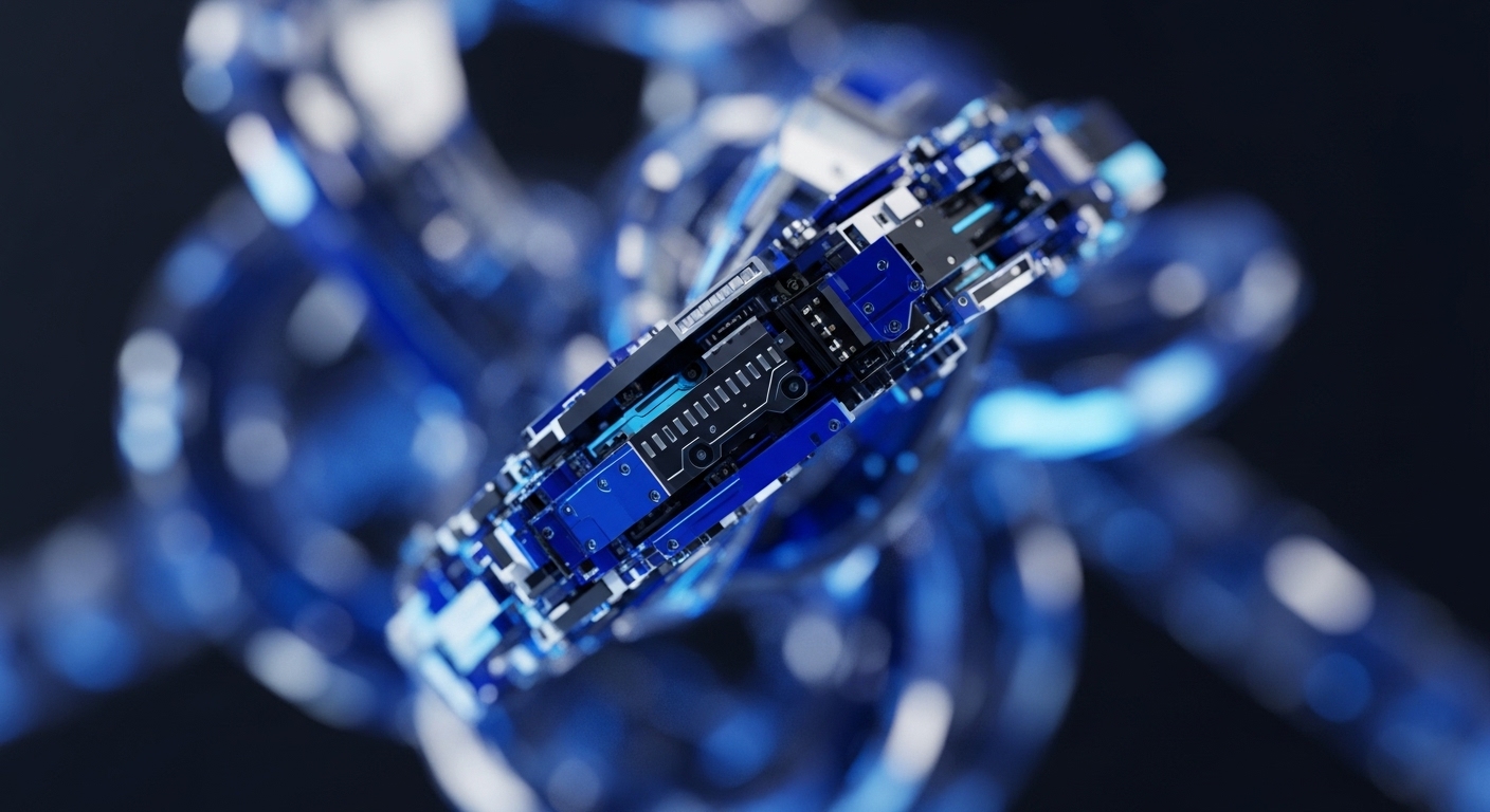 A sharply focused, intricate digital block, rendered in metallic dark blue and black, features glowing cyan accents and complex circuitry patterns. This central element is surrounded by a blurred network of interconnected, translucent blue structures, suggesting a vast distributed ledger