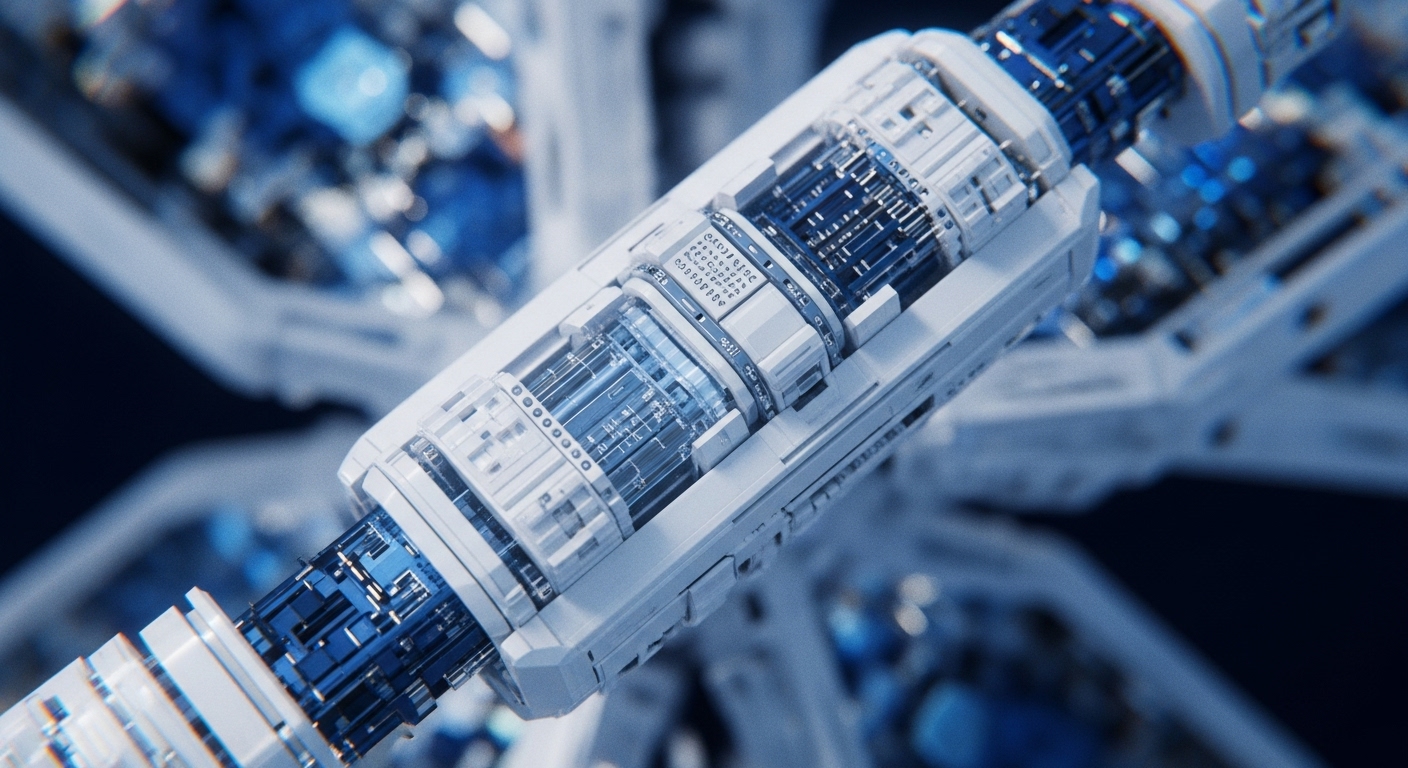 A futuristic white and blue modular technological component is prominently featured, showcasing transparent sections that reveal intricate internal circuitry and glowing blue data pathways. It connects to similar structures, suggesting a complex, interconnected system