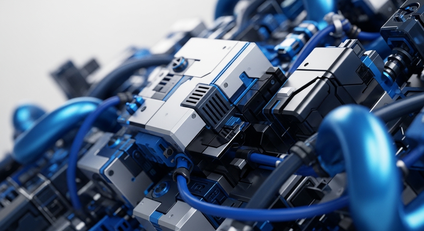 A close-up view reveals a complex assembly of white, dark grey, and black modular components. Vibrant metallic blue tubes and cables intricately connect these various block-like structures, some featuring vents