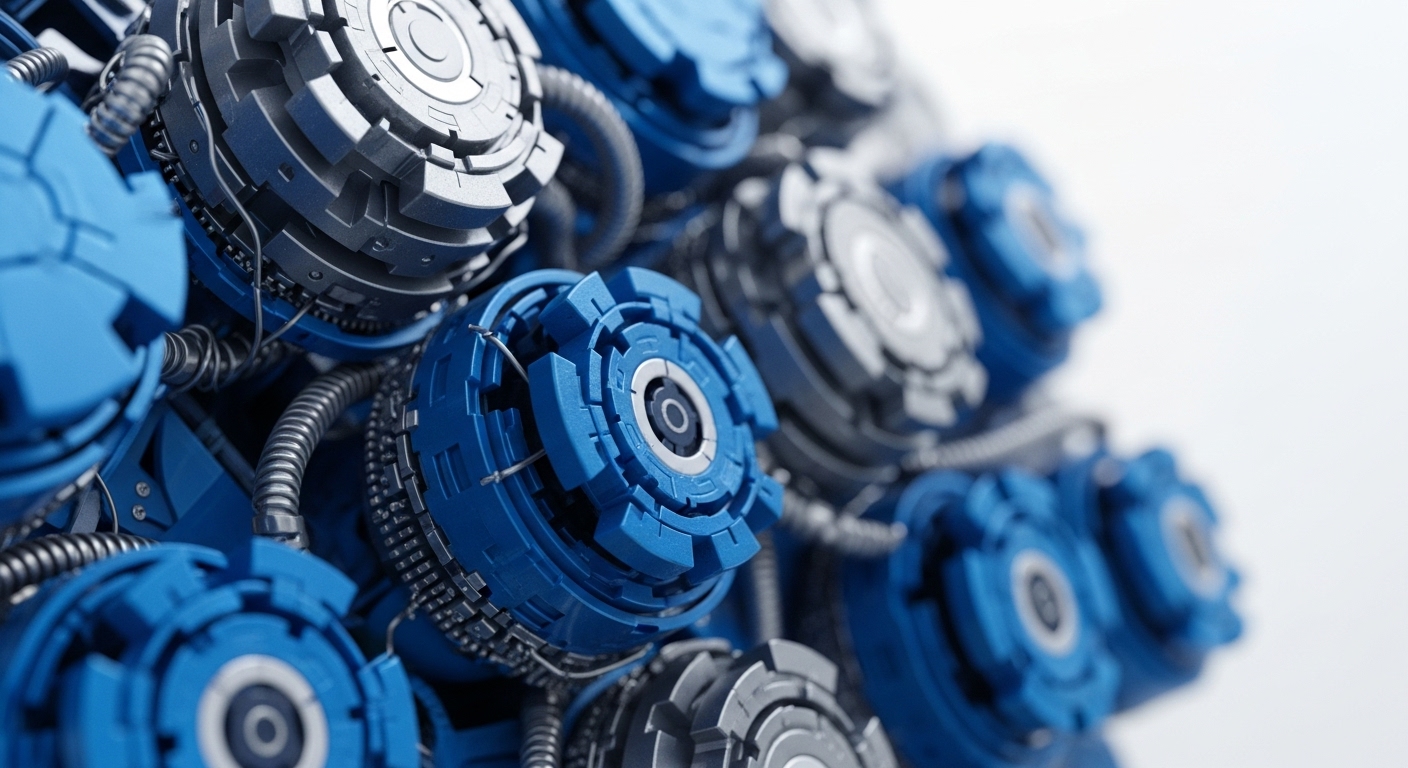 The image displays an intricate arrangement of blue and metallic grey circular components, connected by a dense network of wires and flexible tubes. These components vary in size and focus, creating a sense of depth and complex engineering
