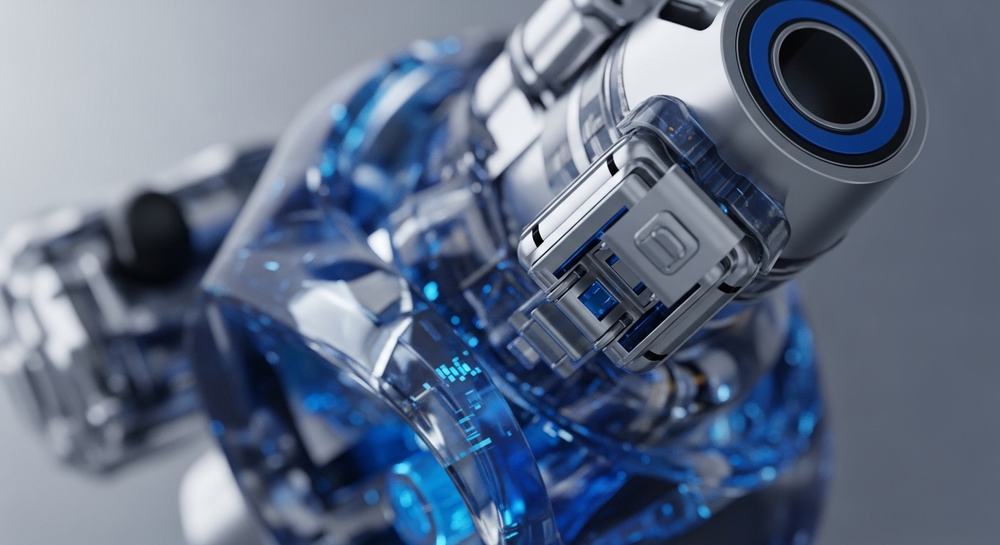 A close-up reveals intricate blockchain architecture, showcasing transparent components filled with vibrant blue digital data streams. Metallic elements form robust nodes within a distributed network, emphasizing cryptographic security. This visual metaphor illustrates the internal mechanics of a decentralized ledger, where hashing algorithms process transaction validation. The glowing blue signifies active data integrity and the execution of smart contracts, vital for DeFi protocols. This system's design suggests advanced scalability solutions for efficient digital asset management.