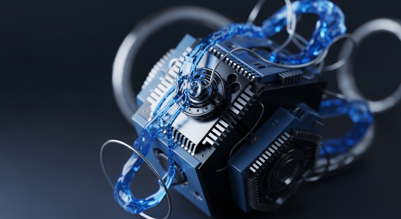 A sophisticated, dark metallic cube-like structure, reminiscent of a high-performance mining rig or validator node, is depicted with intricate circuitry and heat sinks. A vibrant blue, translucent fluid, suggesting liquid cooling or data packet transmission, flows dynamically around its components