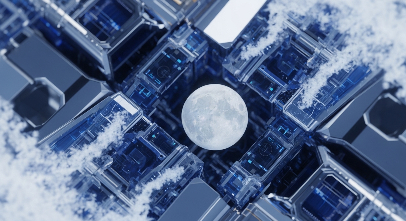 A luminous full moon anchors an intricate, futuristic network of metallic and translucent blue modules, evoking advanced blockchain infrastructure. These interconnected structures, characteristic of a distributed ledger technology DLT ecosystem, feature glowing components signifying active data processing and smart contract execution. Ethereal white vapor, symbolizing distributed computing and Web3 cloud infrastructure, permeates the scene. This metaphor encapsulates the ambitious trajectory of digital assets, highlighting mechanisms driving scalable interoperability and on-chain governance within decentralized finance DeFi.