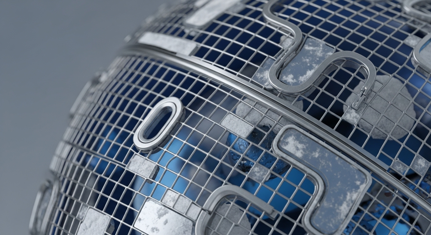 A detailed close-up reveals a spherical structure composed of a fine metallic grid, partially obscuring a vibrant blue interior. Various textured, silver-grey metallic components, some shaped like alphanumeric characters or abstract symbols, are integrated into the grid's surface
