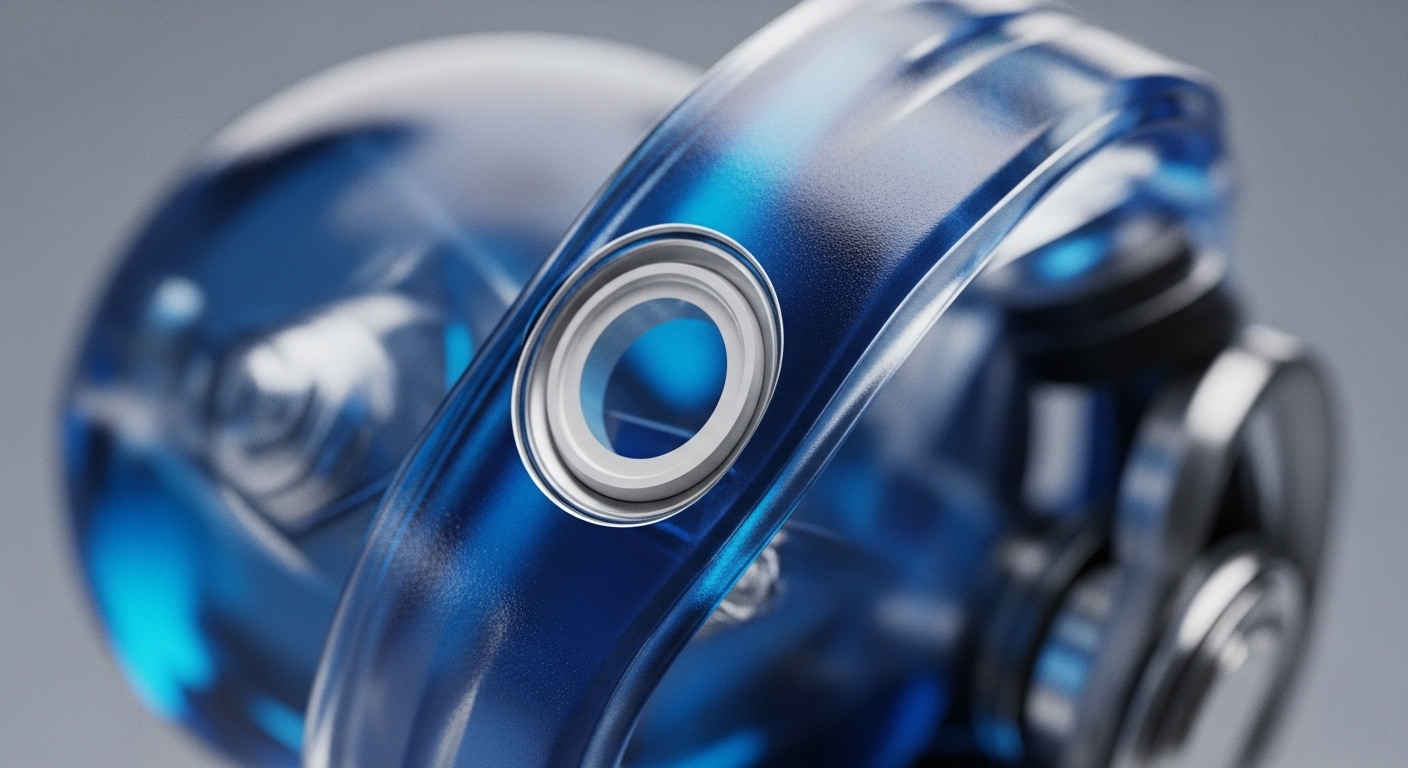 A close-up showcases a translucent blue mechanical component, featuring a prominent circular aperture with a white inner ring, set against a soft grey background. Internal structures are visible through the clear material, illuminated by a subtle blue light, suggesting a sophisticated, high-precision device