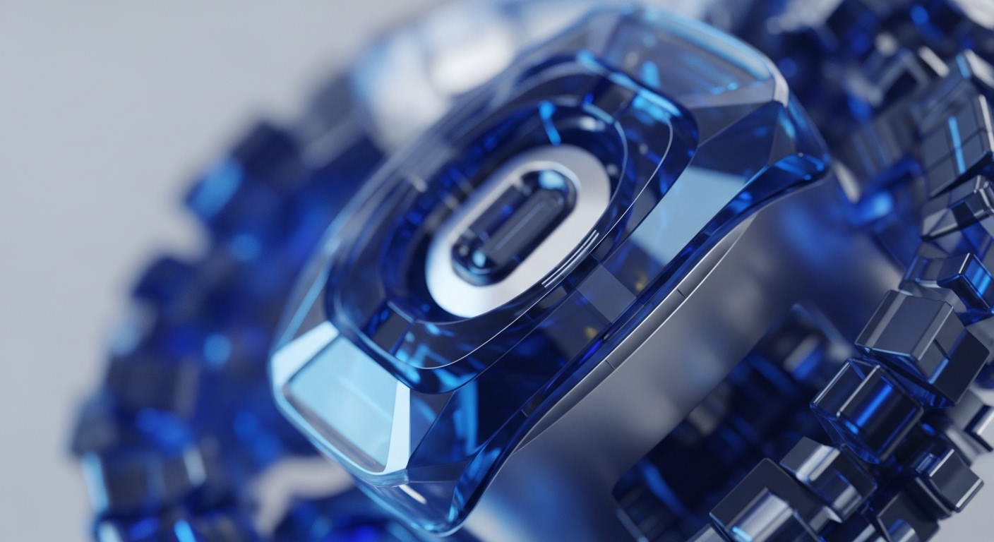 A close-up view showcases a futuristic, intricate structure composed of translucent blue and metallic silver elements. The central oval component, surrounded by concentric rings, is sharply in focus, while a multitude of smaller, dark blue, faceted cubes recede into a blurred background, suggesting depth and complexity