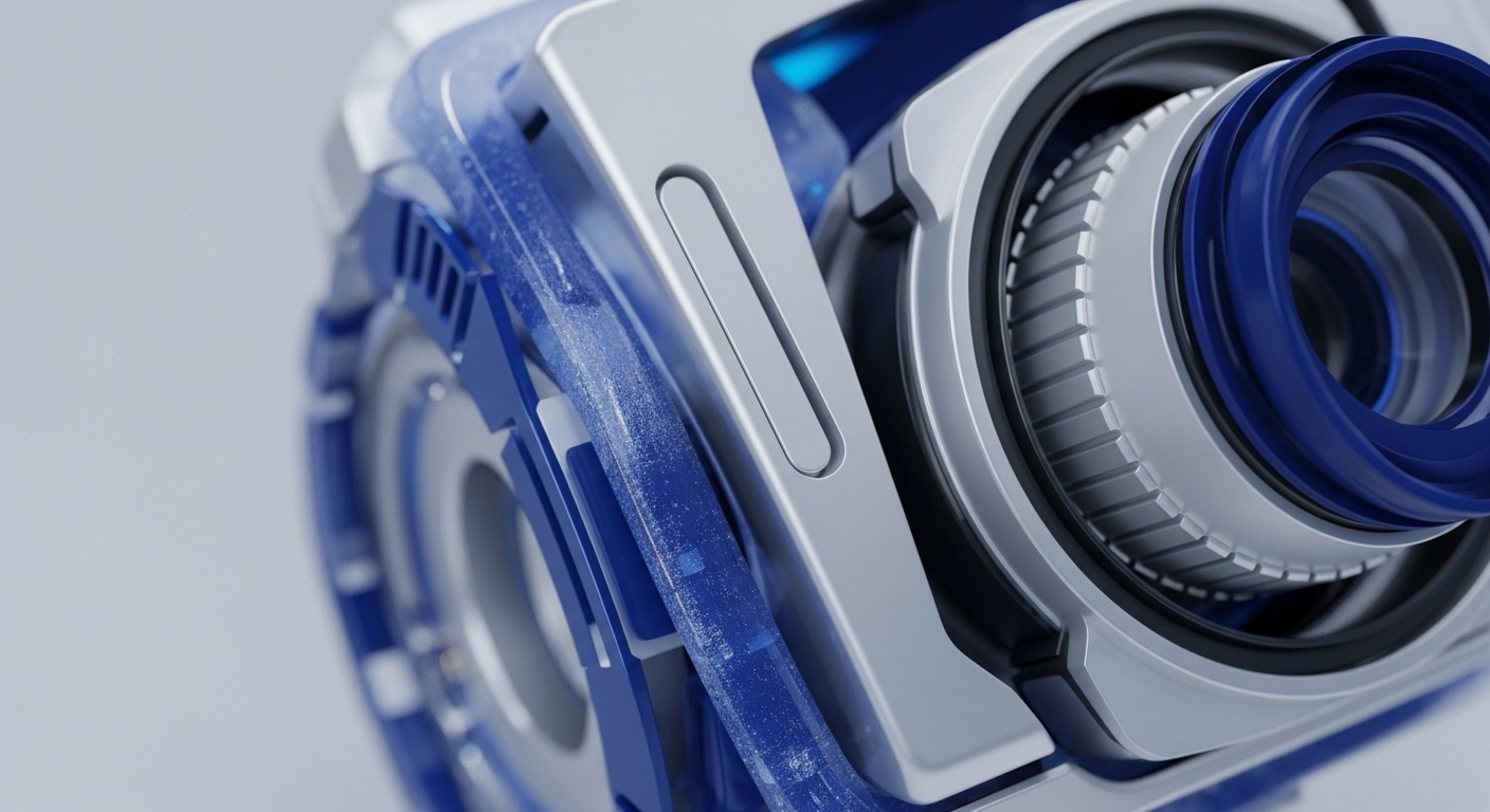 A close-up view presents a sophisticated blockchain oracle node hardware module, featuring a prominent multi-layered lens assembly on the right, indicative of on-chain data acquisition for DeFi protocols. The device integrates a translucent blue data pipeline, suggesting efficient off-chain computation and thermal management for validator network operations. Robust silver-grey casing encases intricate internal structures, emphasizing hardware security module HSM principles and cryptographic primitive protection. This Web3 infrastructure component is designed for high-throughput smart contract execution within a distributed ledger technology DLT ecosystem, potentially supporting zero-knowledge proof ZKP attestations.