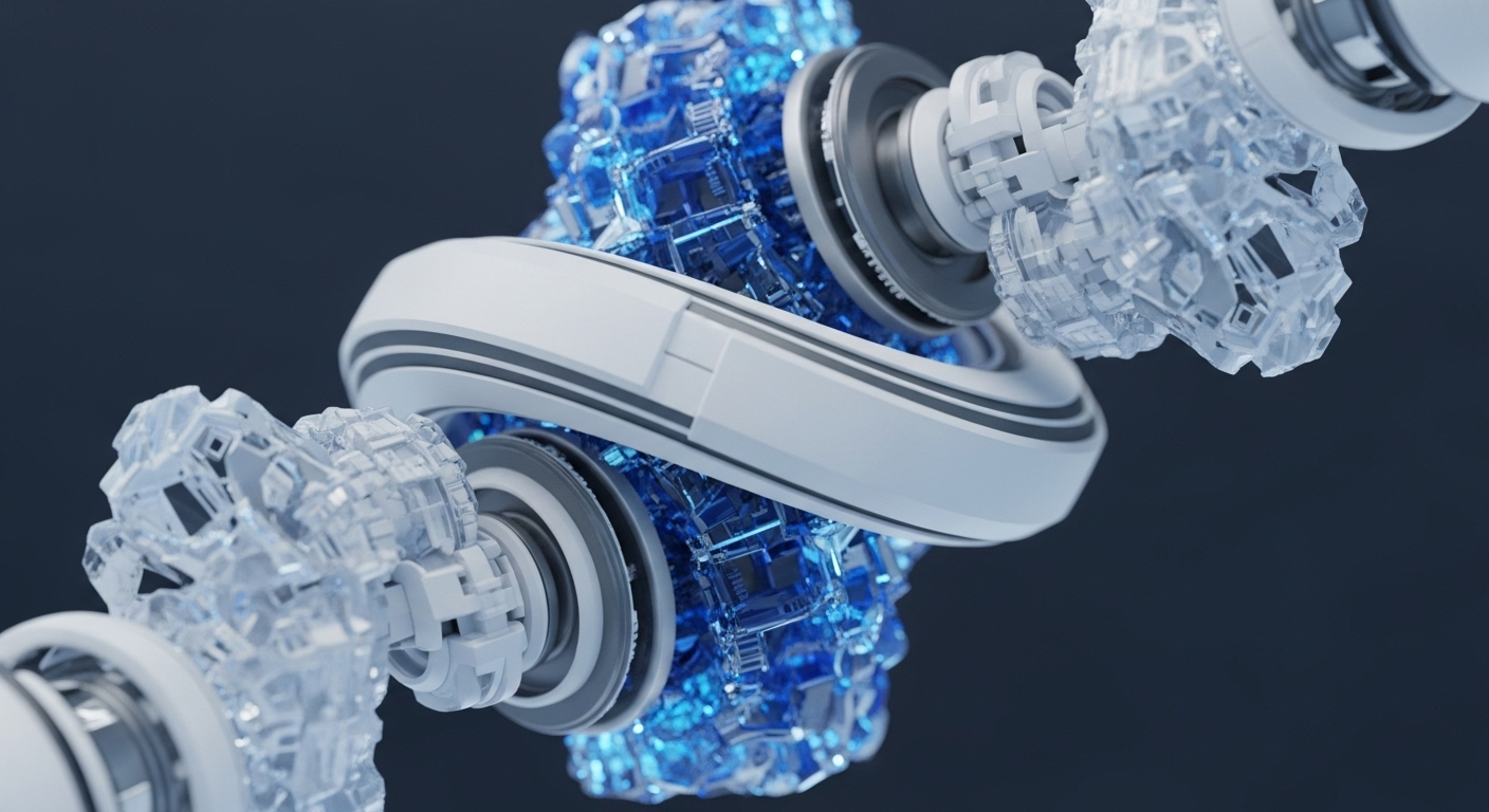 The visual displays a sophisticated digital mechanism featuring a central white, elongated toroidal component seamlessly linking two distinct modular assemblies. Each assembly presents transparent, crystalline outer layers encasing intricate, glowing blue internal structures that resemble advanced circuitries, actively processing information