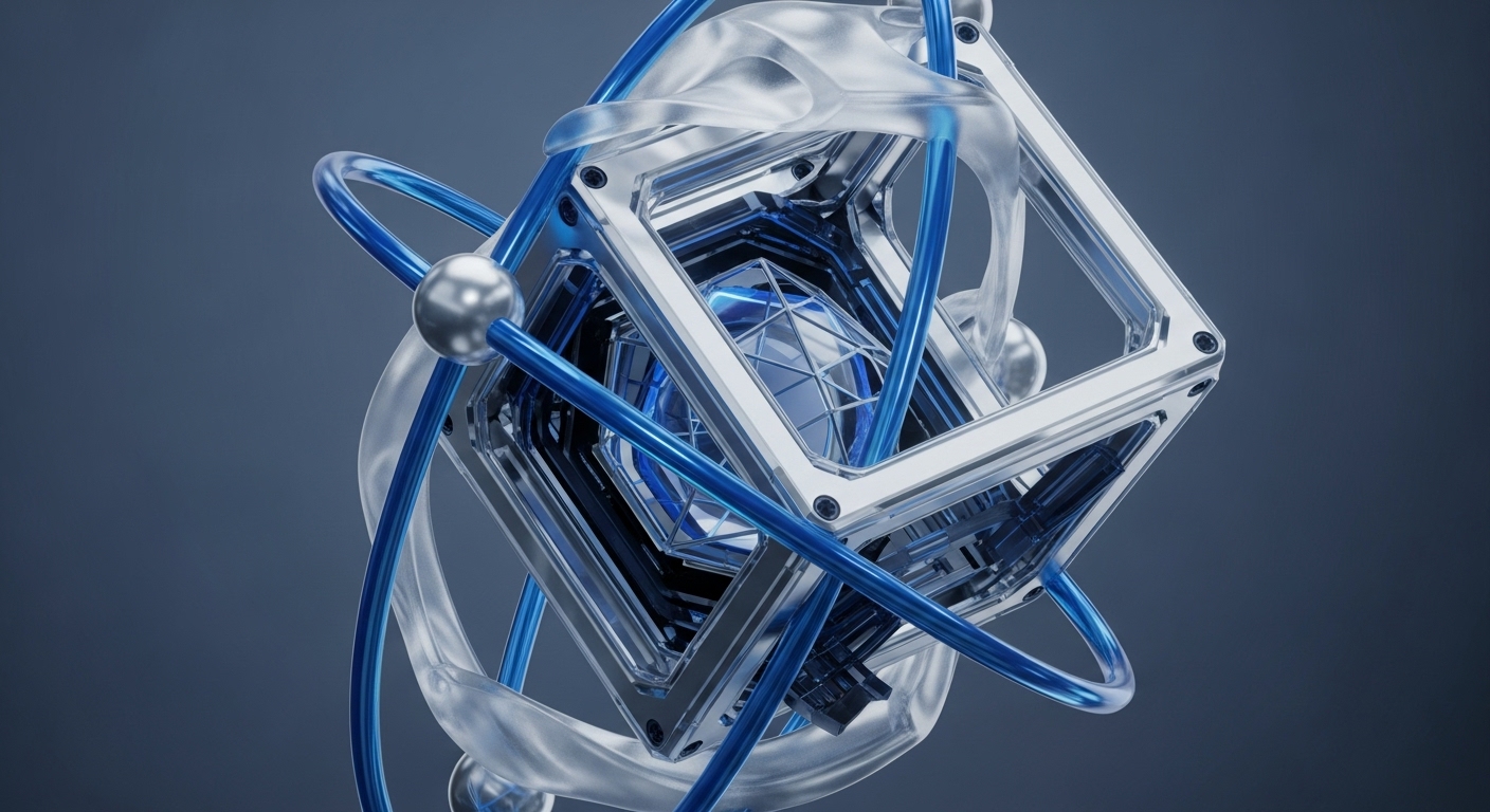 A sophisticated 3D abstract artwork showcases a central, glowing blue faceted object encased within a polished silver metallic cubic frame. Transparent, organic-shaped structures and bright blue tubular pathways, adorned with metallic spheres, orbit and intertwine around this intricate central assembly