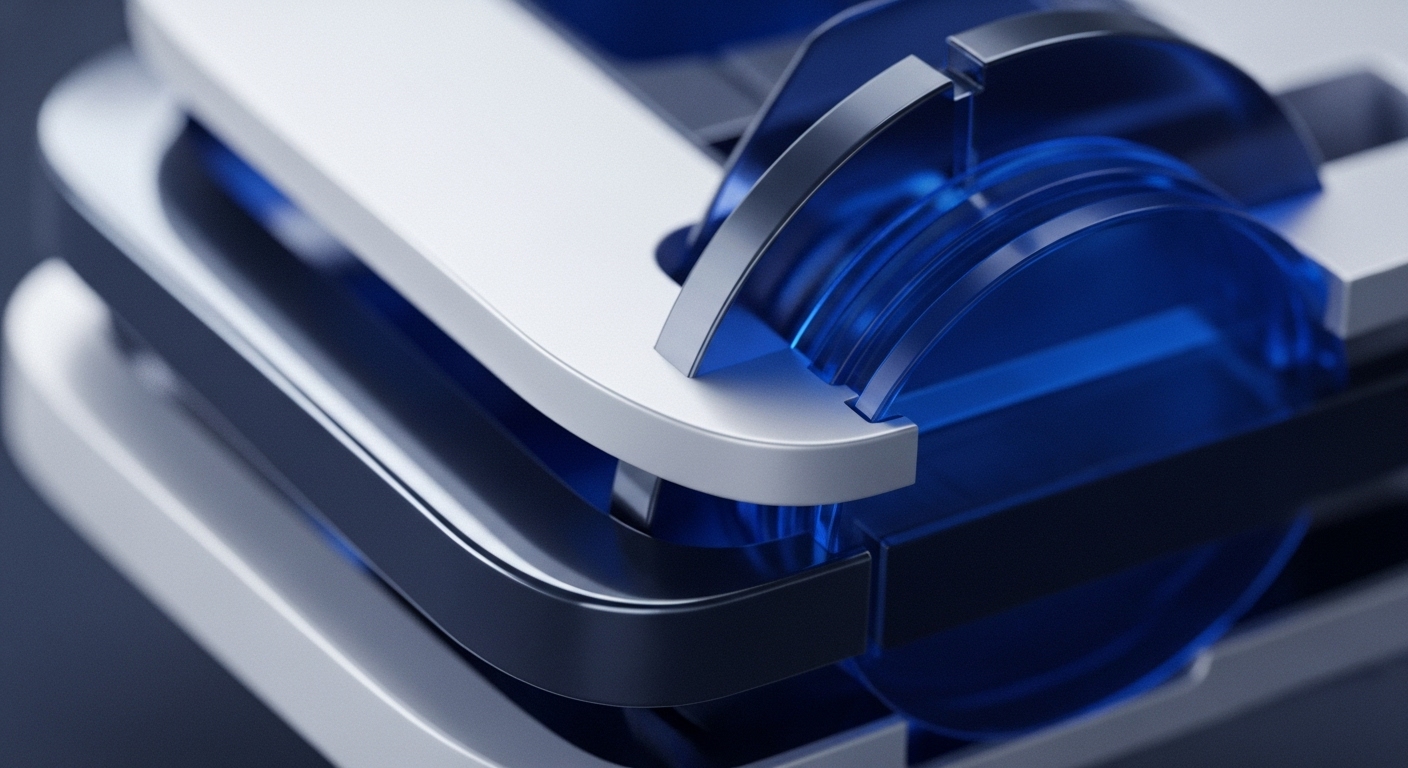 The image presents an abstract, three-dimensional rendering of interconnected, layered components in white, dark grey, and translucent blue. Smooth, rounded structural elements interlock with transparent blue channels, creating a sense of dynamic flow and precise engineering