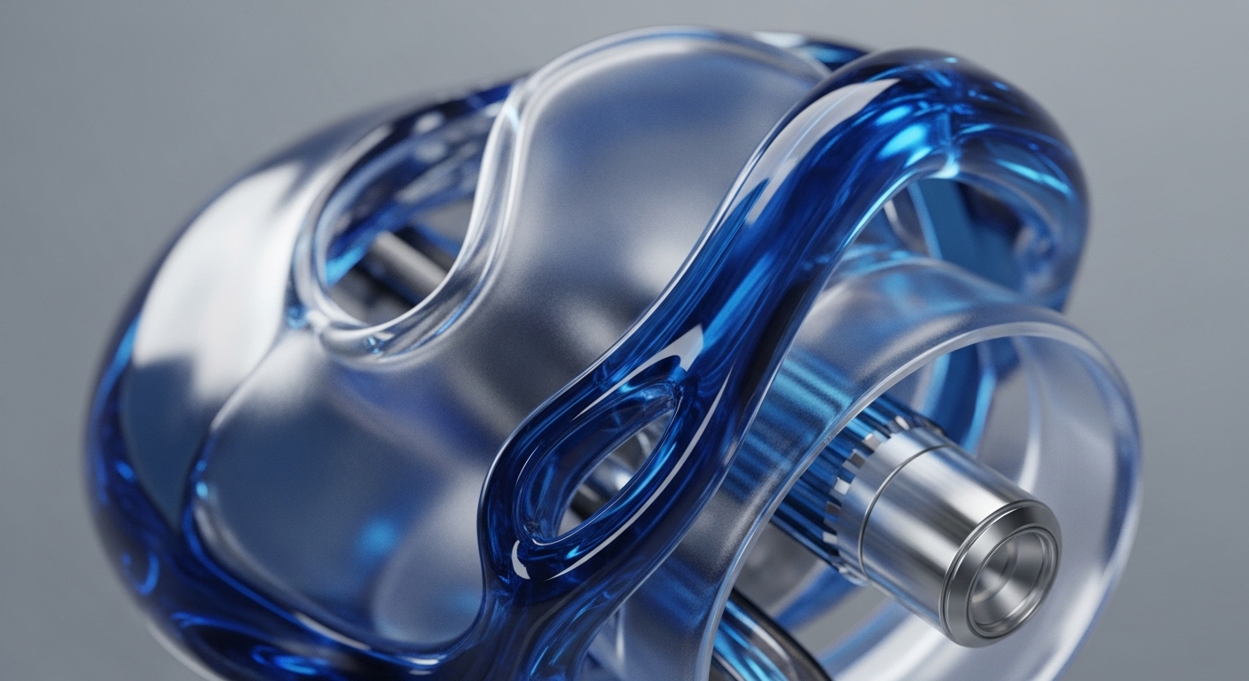 An intricate abstract composition showcases flowing translucent blue and clear structural elements, converging around a polished metallic cylindrical core, all set against a neutral grey background. The design emphasizes layered complexity and interconnectedness, with light reflecting off the smooth surfaces, highlighting depth and material contrast and suggesting a dynamic, engineered system