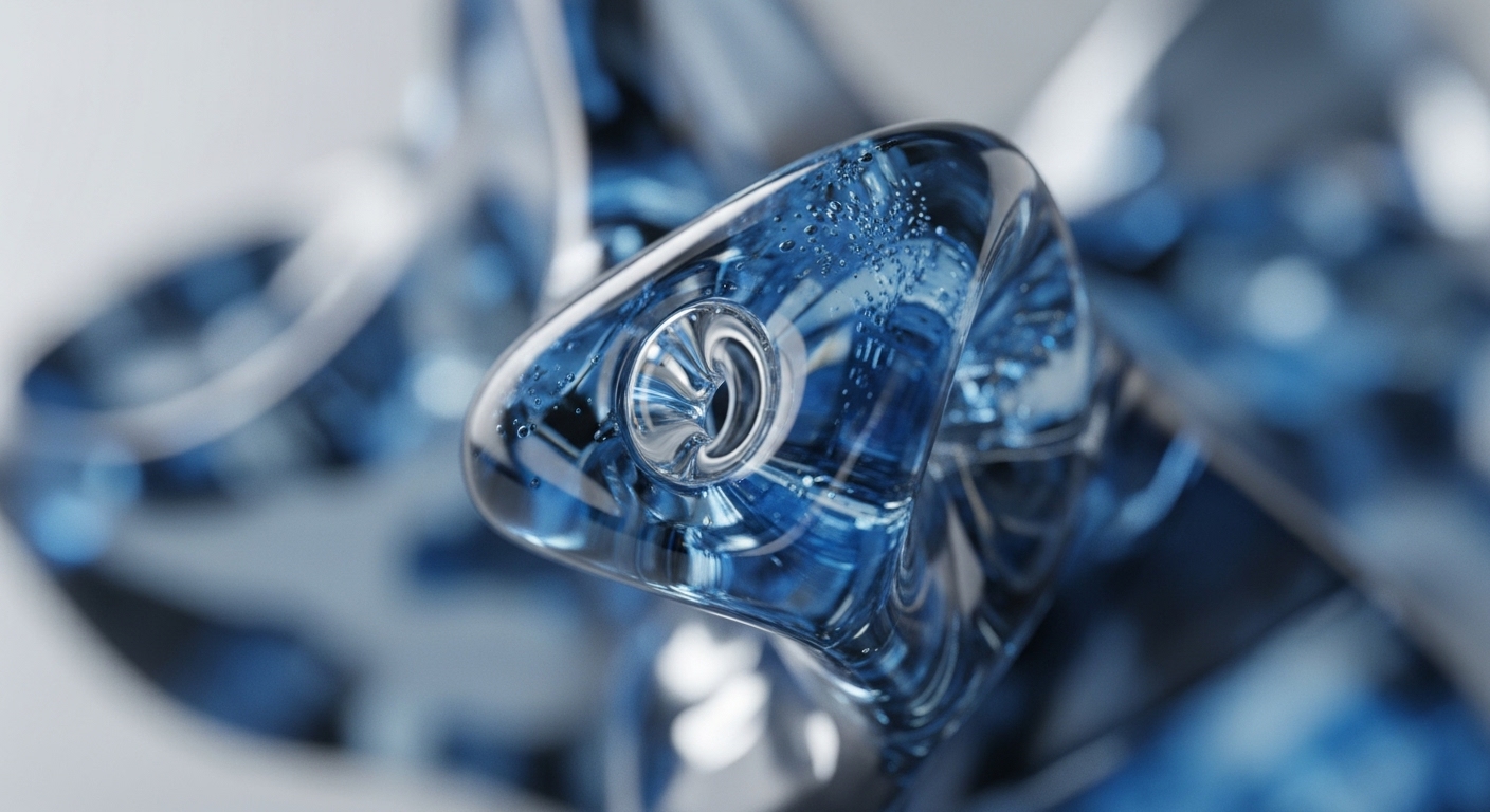 A translucent blue abstract structure dominates the foreground, featuring a central metallic, spiraling element. Small bubbles are visible within the transparent material, particularly on its upper surface, with blurred blue forms in the background