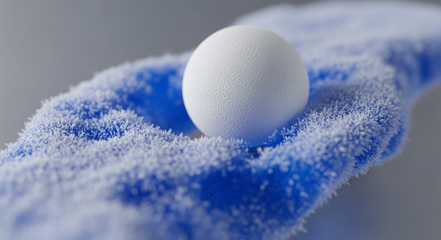 A pristine white, textured sphere is meticulously positioned atop a vivid blue, frost-laden surface. The undulating blue form is densely covered with countless sharp, white ice crystals, creating a striking contrast against the smooth, grey background