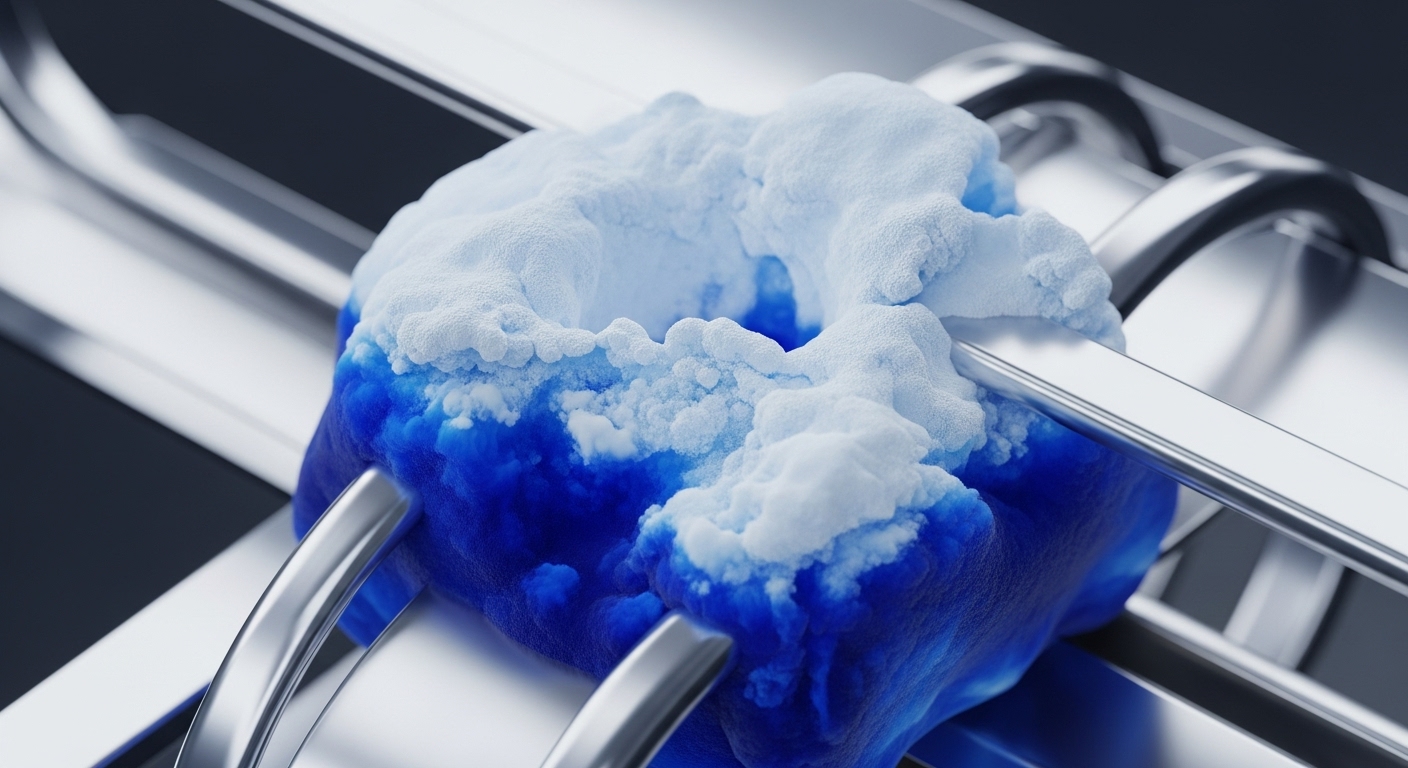 A central mass of deep blue, textured material is partially covered and intermingled with a lighter, almost white, powdery substance. This formation is cradled within a polished, metallic structure composed of parallel bars and supports