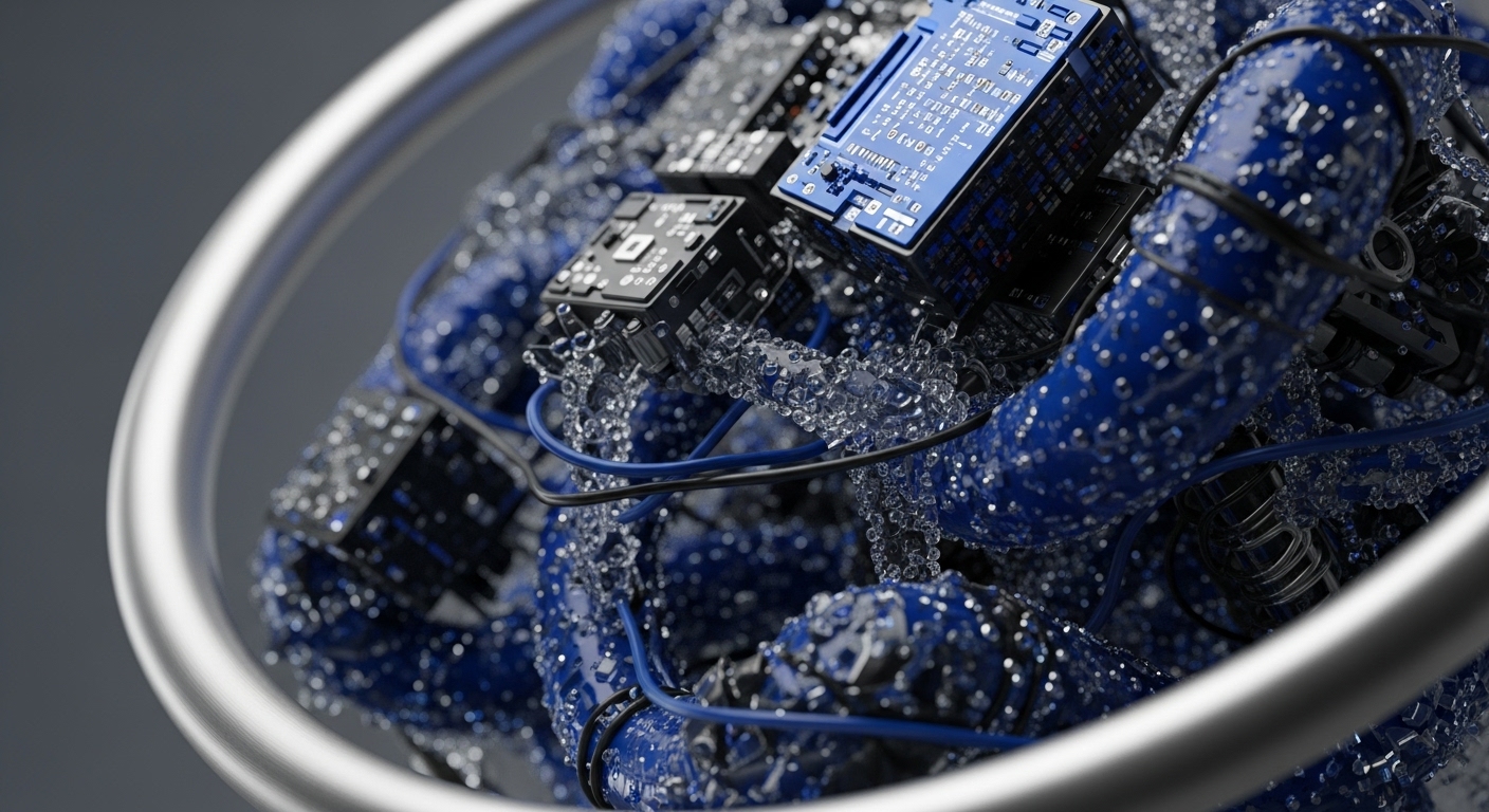 The image showcases a vibrant blue, textured structure, intricately intertwined with multiple circuit boards and connecting wires, partially framed by a metallic ring. The blue elements appear wet or crystalline, suggesting fluid movement, while the embedded modules are distinct in color and form