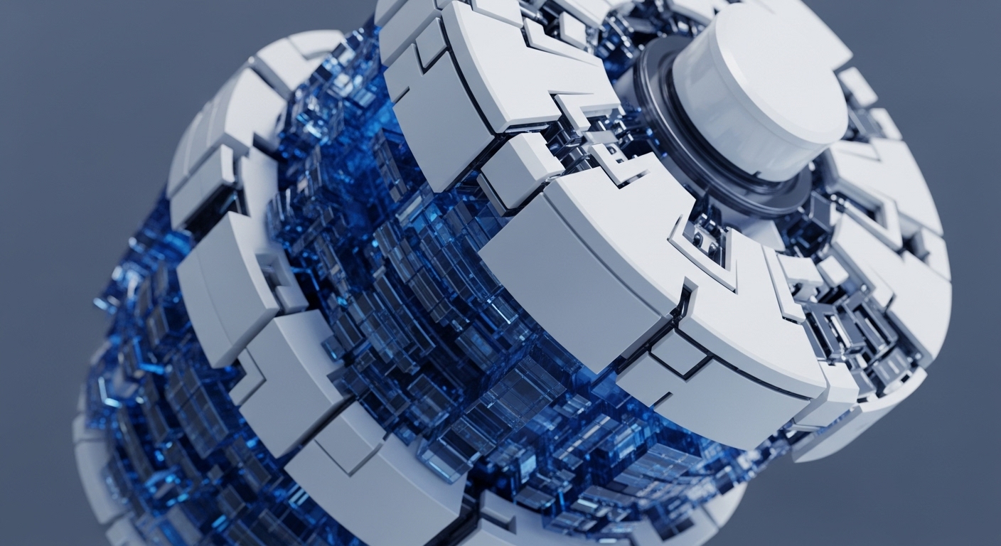A futuristic, cylindrical object composed of white and silver metallic segments is depicted against a grey background. Its segmented exterior partially reveals an intricate interior of glowing blue, translucent rectangular blocks