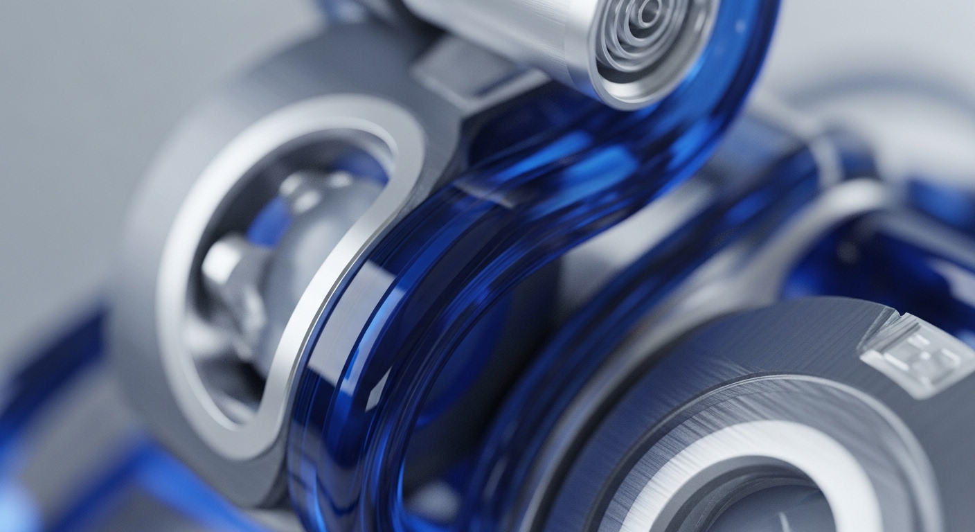 A detailed close-up reveals intricate metallic and translucent blue components, forming a complex, interconnected system. Smooth silver structures interlock with vibrant blue conduits, suggesting pathways for flow within a sophisticated mechanism