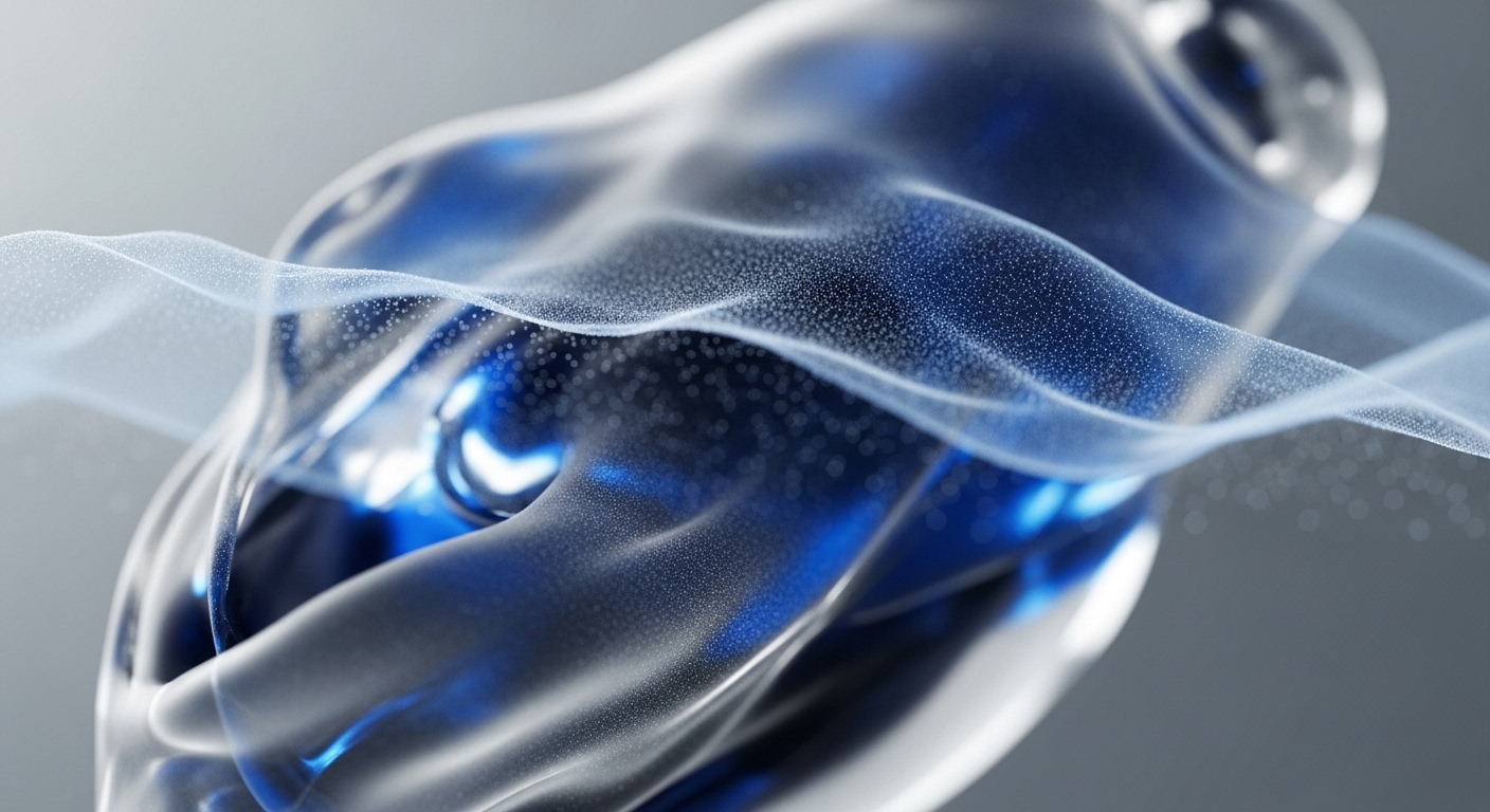 The abstract composition features translucent, undulating forms in shades of blue and white, adorned with scattered luminous particles. These flowing, layered structures create a sense of depth and movement against a soft grey background, highlighting intricate light reflections
