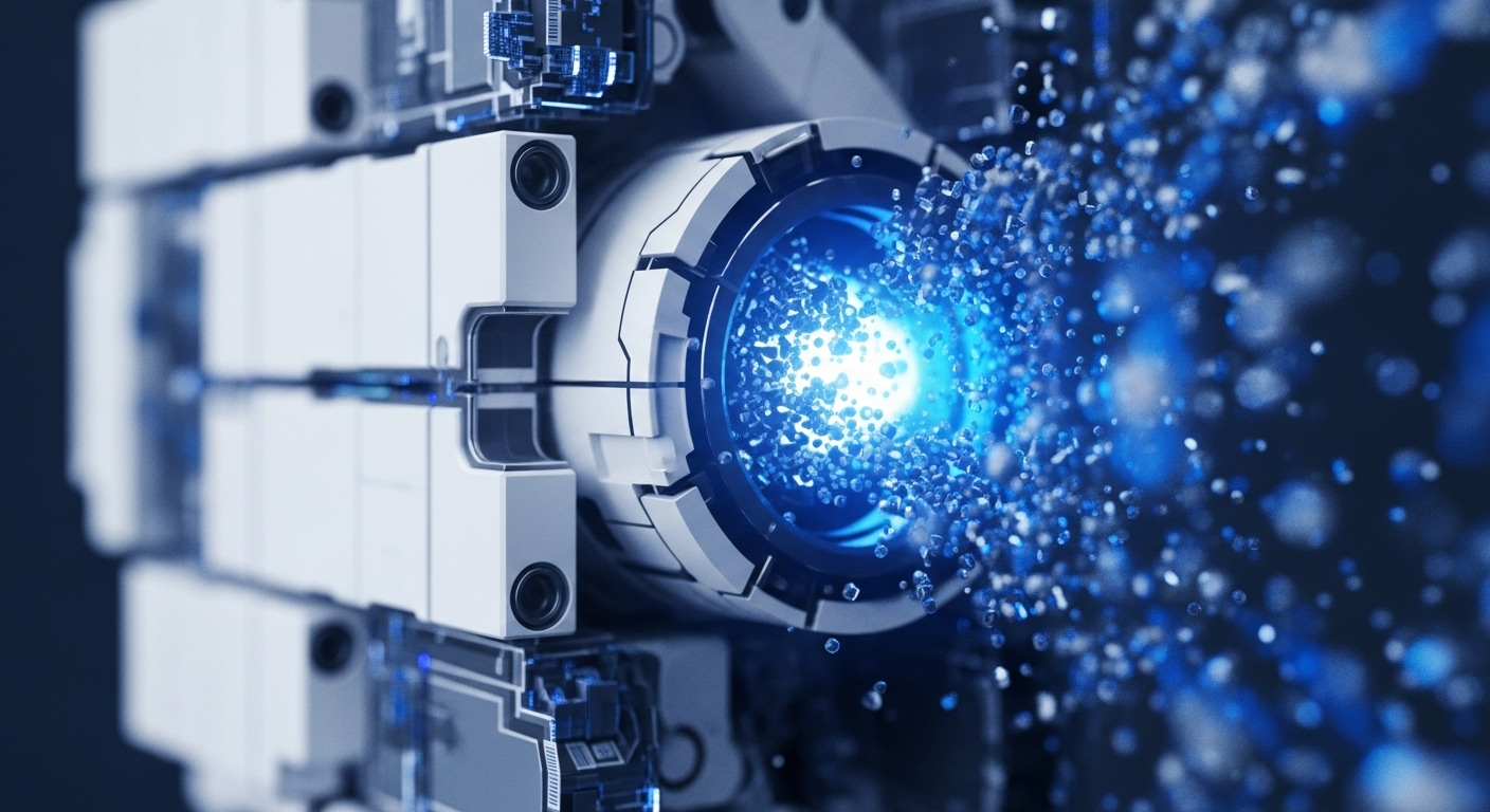 A close-up view reveals a futuristic, white and gray mechanical device featuring modular components and intricate blue glowing circuitry. From its central, cylindrical aperture, a bright blue light bursts forth, accompanied by a dynamic stream of sparkling blue particles against a dark background