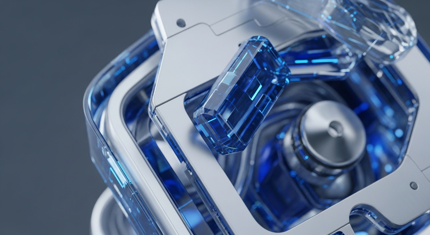 A detailed close-up reveals a complex, futuristic mechanism featuring polished silver-grey structural components interwoven with translucent blue elements. These blue sections emit vibrant light trails and contain faceted crystal-like forms, all centered around a metallic cylindrical core