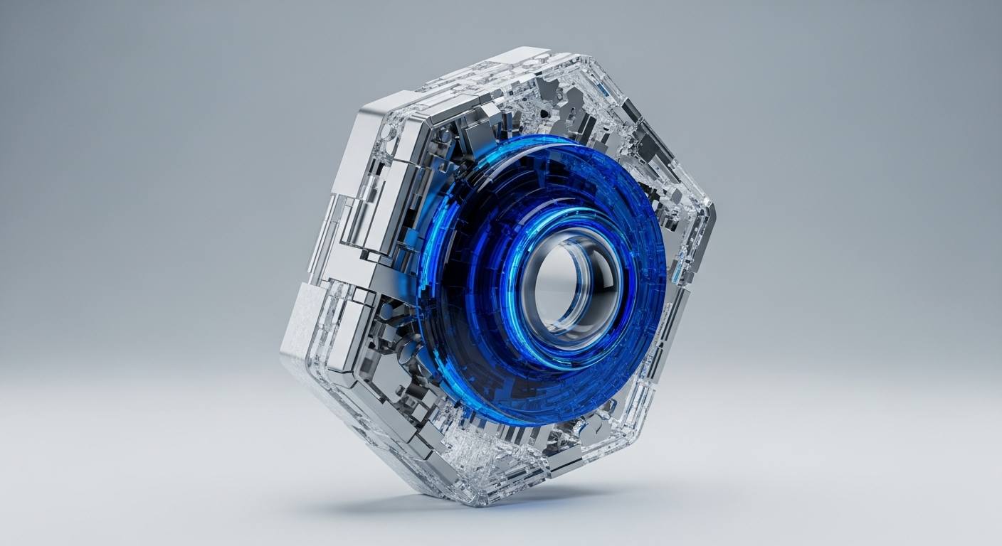 A futuristic hexagonal module is depicted, featuring a transparent outer casing that reveals intricate metallic internal structures. At its core, a luminous blue toroidal element emits a soft glow, suggesting an active processing unit or energy flow
