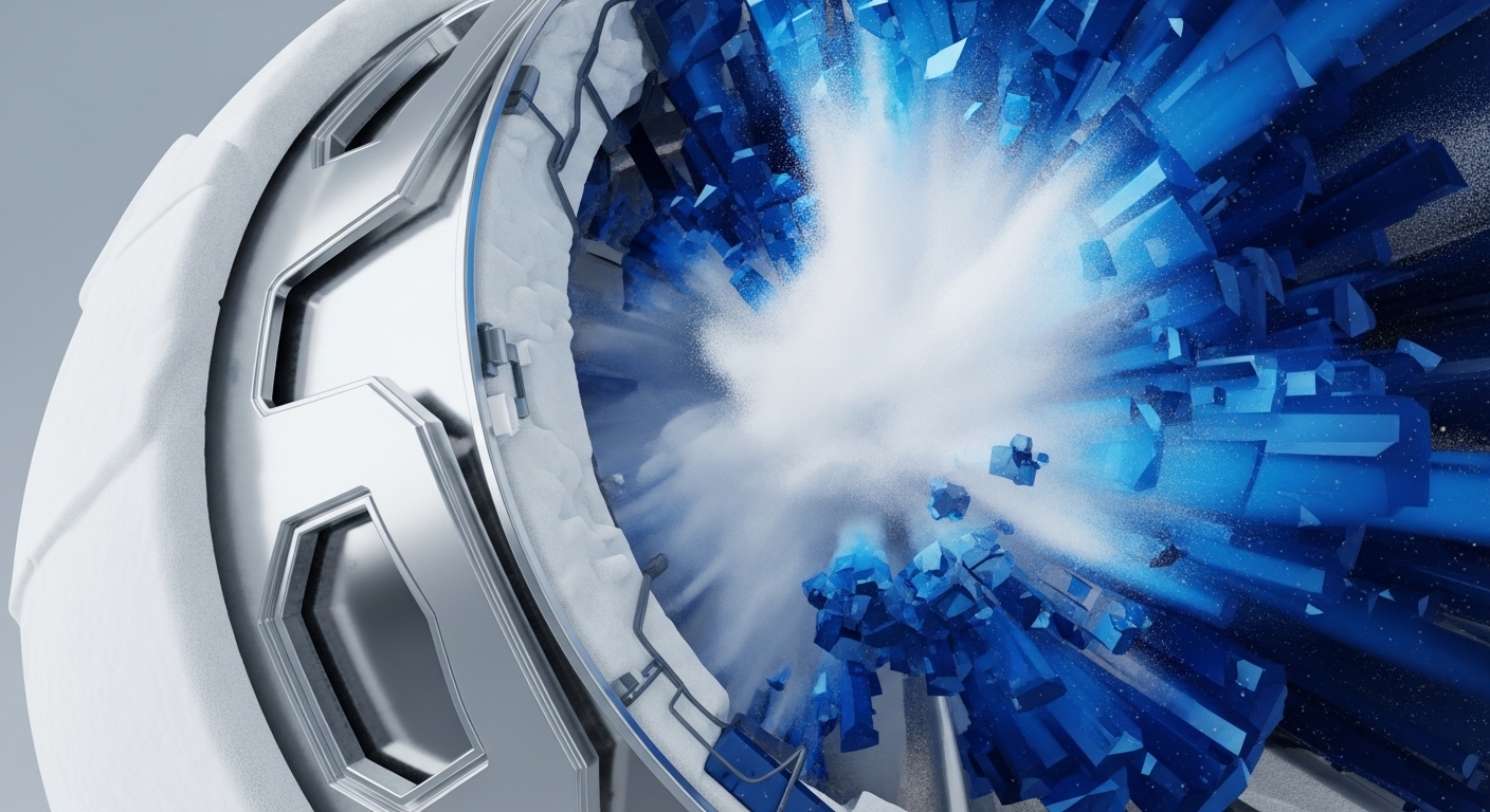 A sophisticated, metallic-edged mechanism houses a dynamic event. A central plume of white, energetic discharge erupts, scattering granular particles. Surrounding this core are numerous angular, blue crystalline structures, some appearing to fragment and propagate outwards. This visual metaphorically represents a high-speed transaction validation process within a decentralized ledger technology. The expanding blue elements signify immutable block creation and data integrity across a blockchain network, while the central burst illustrates the intense computational power of cryptographic hashing algorithms at work. The entire composition evokes robust protocol layer operations.