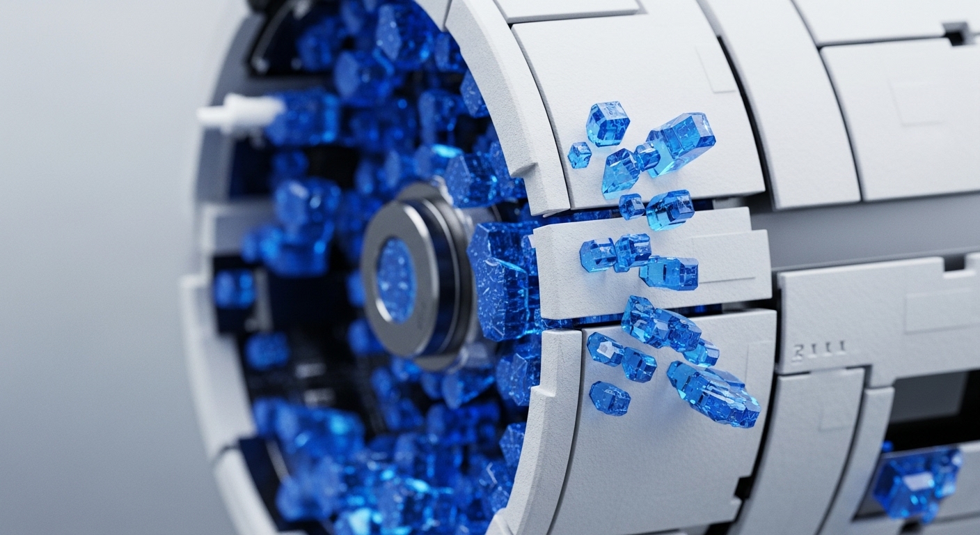 A sleek, white modular mechanism reveals an intricate internal structure filled with vibrant blue crystalline forms. These luminous elements emerge and flow, suggesting dynamic processes within a sophisticated system