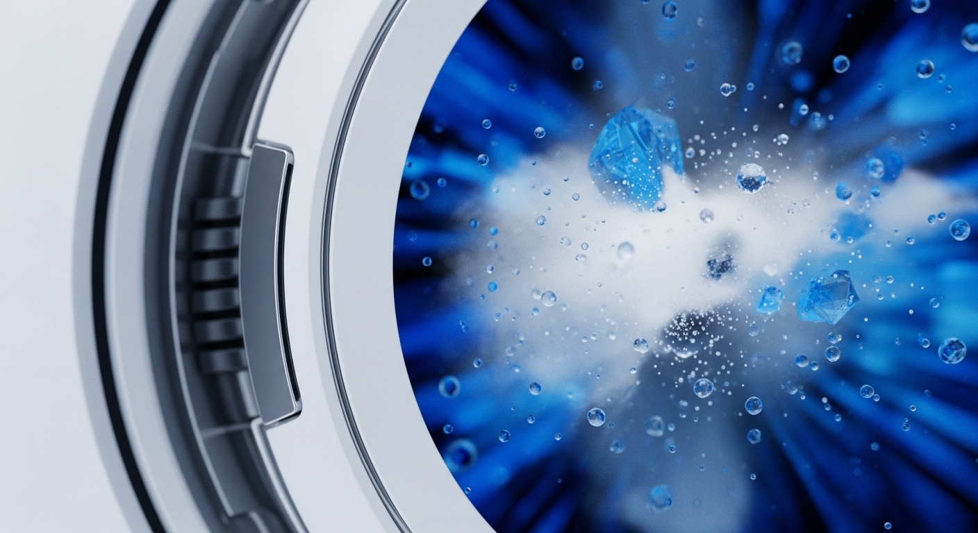 The image displays a detailed view inside a circular, metallic mechanism, showcasing suspended blue crystalline fragments and numerous water droplets against a vibrant, swirling blue background. A central white cloud suggests active processing within this dynamic environment
