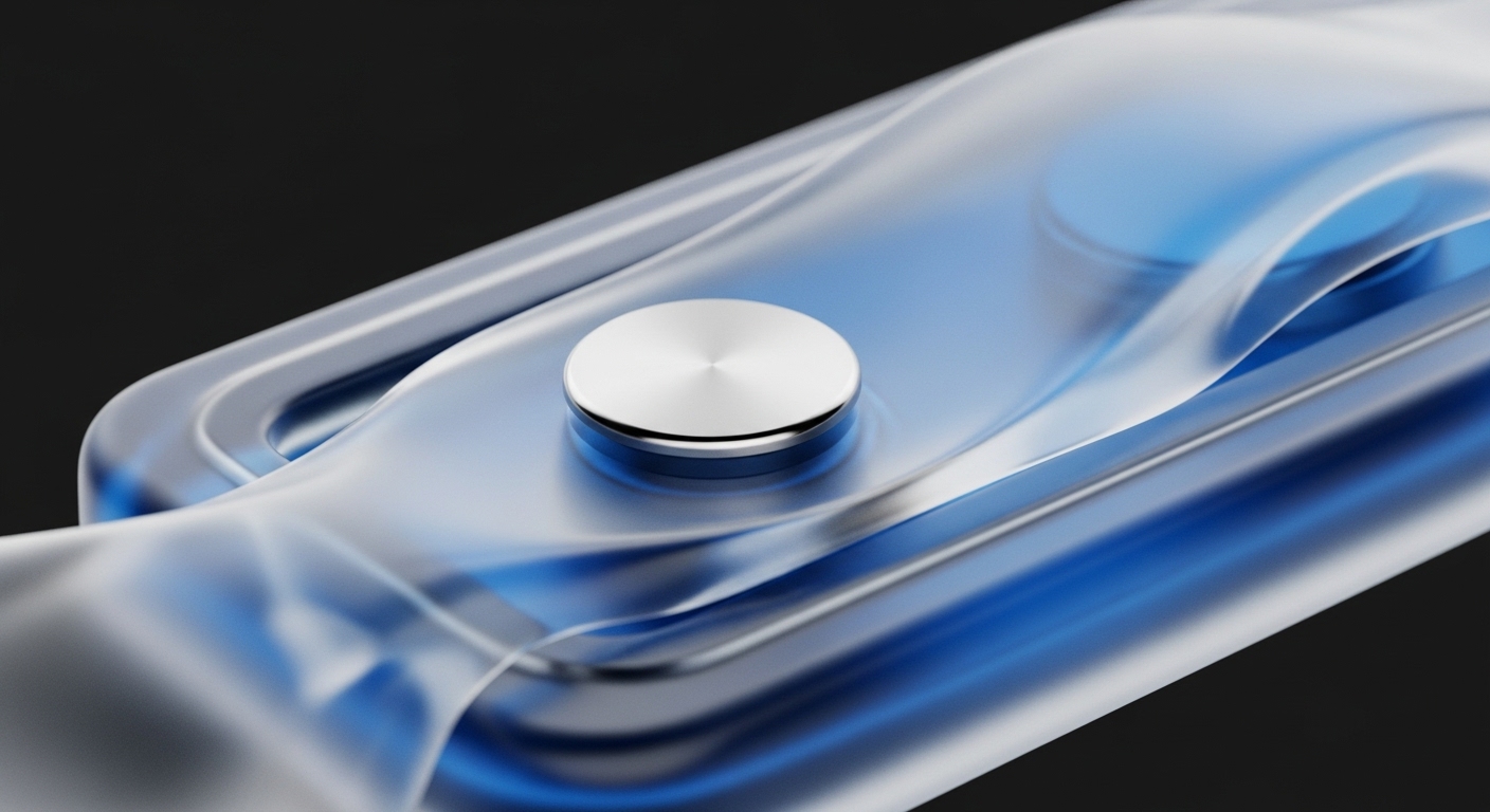The image presents a close-up of a futuristic device featuring a translucent casing over a dynamic blue internal structure. A central, brushed metallic button is precisely integrated into the surface