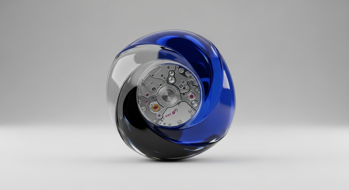 A sophisticated abstract sculpture features a translucent, swirling form, blending deep blue, clear, and opaque black elements. At its center, a detailed mechanical watch movement is embedded, showcasing intricate gears, springs, and vibrant ruby bearings