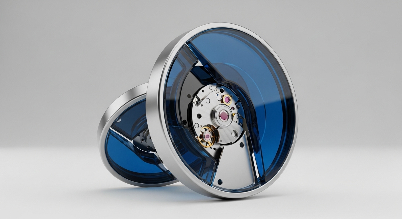 Two circular metallic objects, positioned with one slightly behind the other, showcase transparent blue sections revealing intricate internal mechanical movements. Visible components include precision gears, ruby jewel bearings, and a balance wheel, all encased within a polished silver-toned frame, resting on a light grey surface