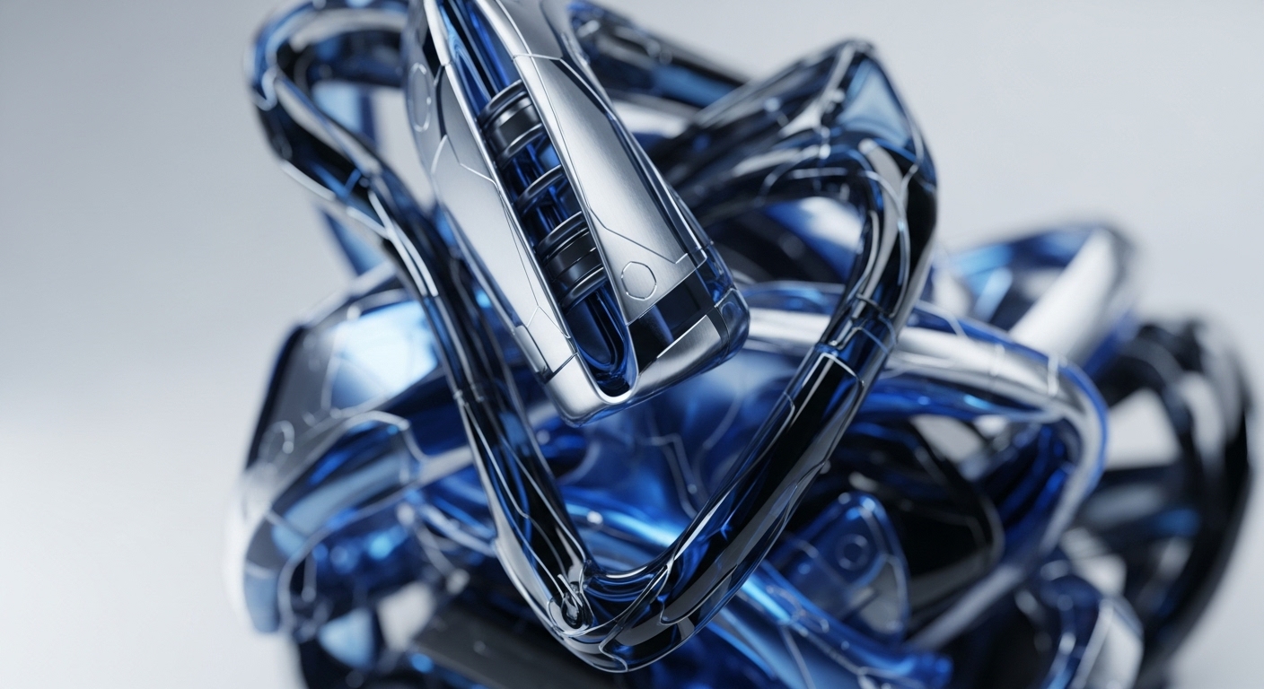 The image showcases a complex, three-dimensional abstract sculpture featuring intertwined elements of polished chrome and luminous deep blue translucent material. These components form a dynamic, interconnected network against a soft, light grey background, with a shallow depth of field highlighting the central structure