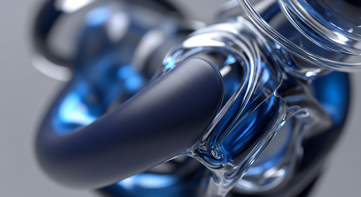 Abstract, intertwined forms dominate the frame, featuring a prominent dark blue, matte, tubular structure. This solid element is intricately interwoven with numerous transparent, highly reflective, fluid-like components that brilliantly refract vibrant blue light against a soft gray background