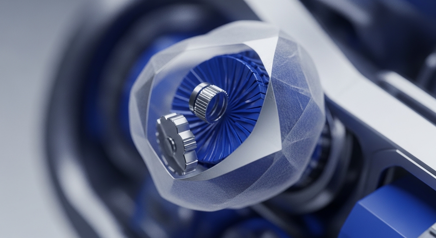 The image displays a detailed close-up of a complex mechanical assembly, featuring a prominent blue, radially-finned component encased within a translucent, multi-faceted structure. Adjacent to it, a smaller silver gear-like element is visible, all set against a blurred background of similar blue and silver machinery