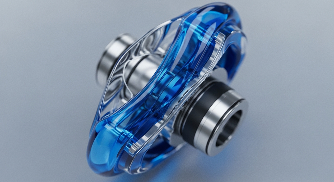 A sleek, metallic component with a hexagonal opening is enveloped by a translucent, vibrant blue structure that appears to flow and twist around its core. The object rests on a smooth, light grey surface, highlighting its intricate design and reflective properties