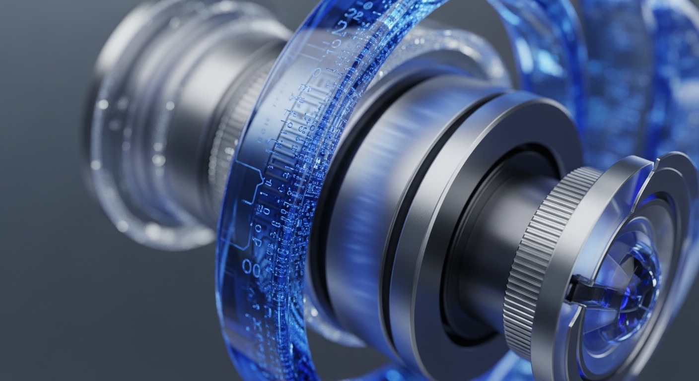A detailed view presents a complex assembly of metallic and translucent blue components, featuring digital patterns and numerical indicators. The central metallic shaft is surrounded by glowing blue rings, suggesting dynamic data interaction within a sophisticated system