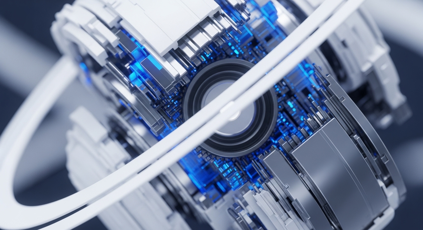 A close-up view reveals an abstract, futuristic mechanical device with a central circular component. The device is composed of interlocking white and metallic silver segments, highlighted by internal glowing blue lights and smooth white connecting structures