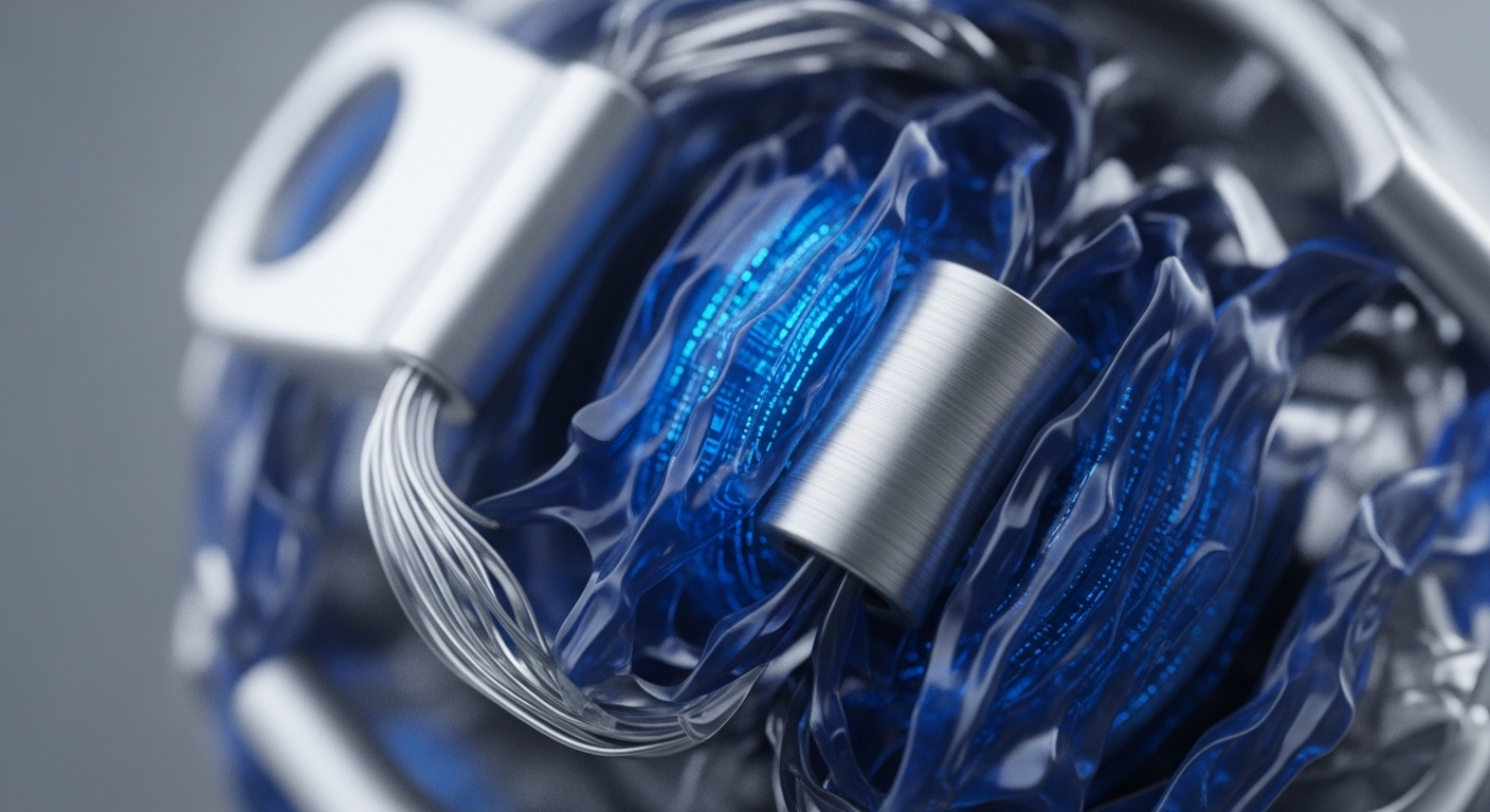 The image displays intricate blockchain network architecture, featuring translucent blue structures with glowing cryptographic hash patterns, signifying active data integrity and transaction processing. These elements are interwoven with brushed metallic components, representing robust validator nodes and protocol layers. Bundles of silver wires illustrate interoperability pathways and decentralized communication channels, crucial for consensus mechanisms and scalability solutions. The dynamic interplay of light and material suggests continuous digital asset movement and Web3 infrastructure operation, underpinning a secure distributed ledger.