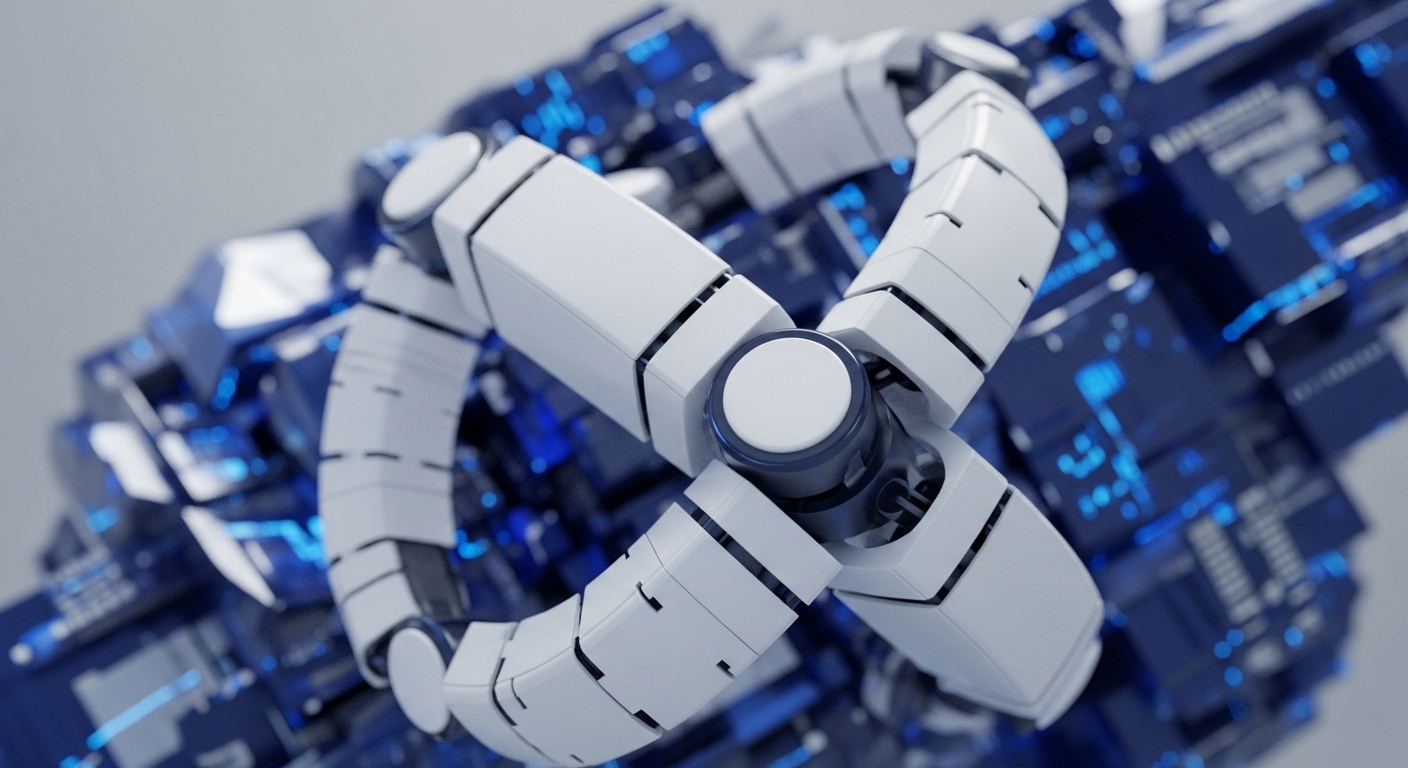 The foreground features a white, segmented, robotic-looking structure arranged in a cross-like formation, sharply defined against a soft gray background. Behind it, a blurred, dark blue, circuit-like structure glows with scattered bright blue lights, creating a sense of depth and advanced technology