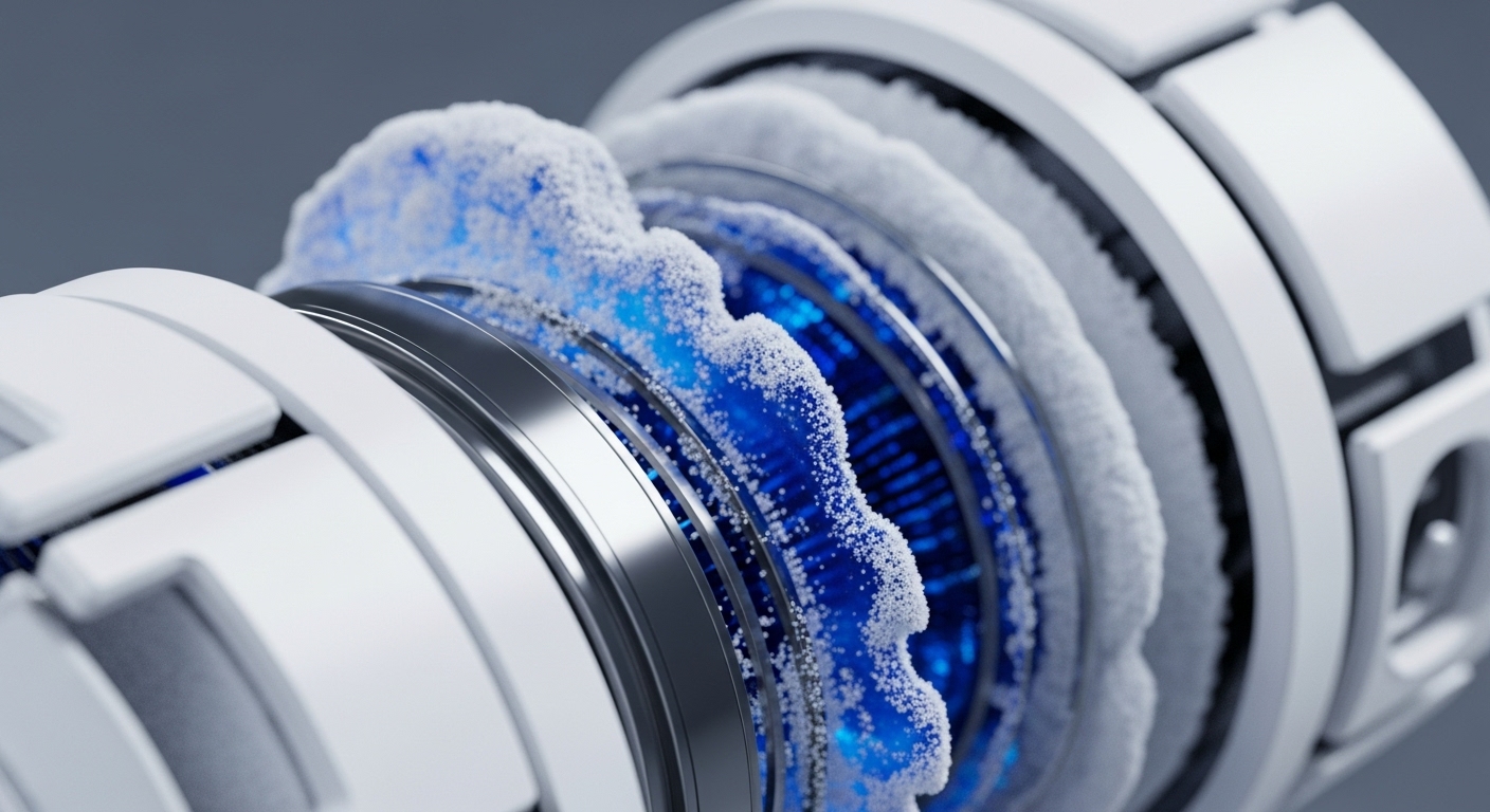 Close-up of a sophisticated technological component, revealing layers of white casing, metallic rings, and a central glowing blue structure covered in white granular particles. The intricate design suggests an advanced internal mechanism at work, possibly related to cooling or data processing