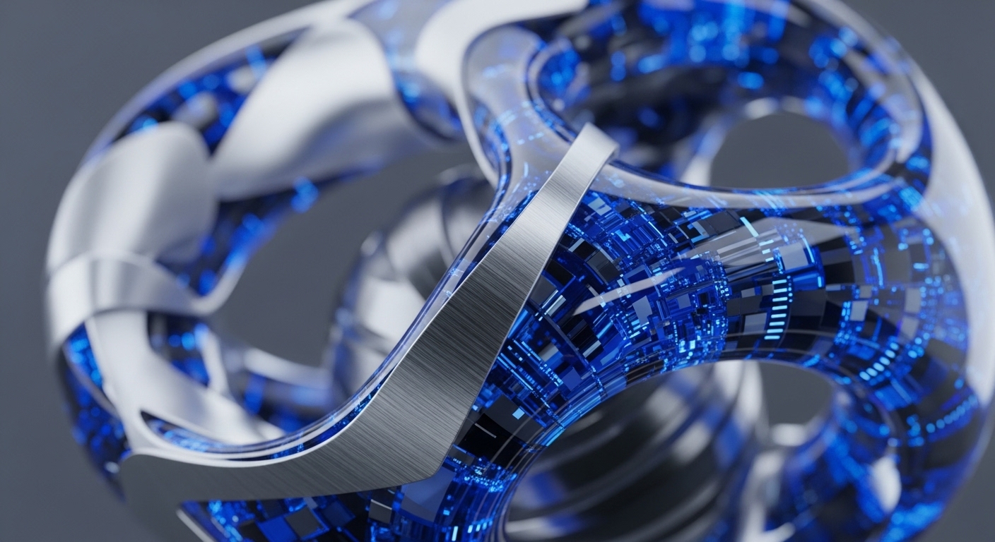 A complex, interconnected toroidal structure dominates the frame, featuring sleek brushed metallic bands interwoven with transparent segments. Within these translucent sections, vibrant blue digital patterns illuminate, resembling intricate circuit pathways and flowing data streams. This visual metaphor encapsulates the core of a decentralized network, illustrating the dynamic blockchain architecture. The glowing elements signify active transaction validation across distributed ledger nodes, powered by cryptographic algorithms. It evokes the robust Web3 infrastructure facilitating smart contracts and the secure flow of digital assets, embodying a sophisticated consensus mechanism for immutability.