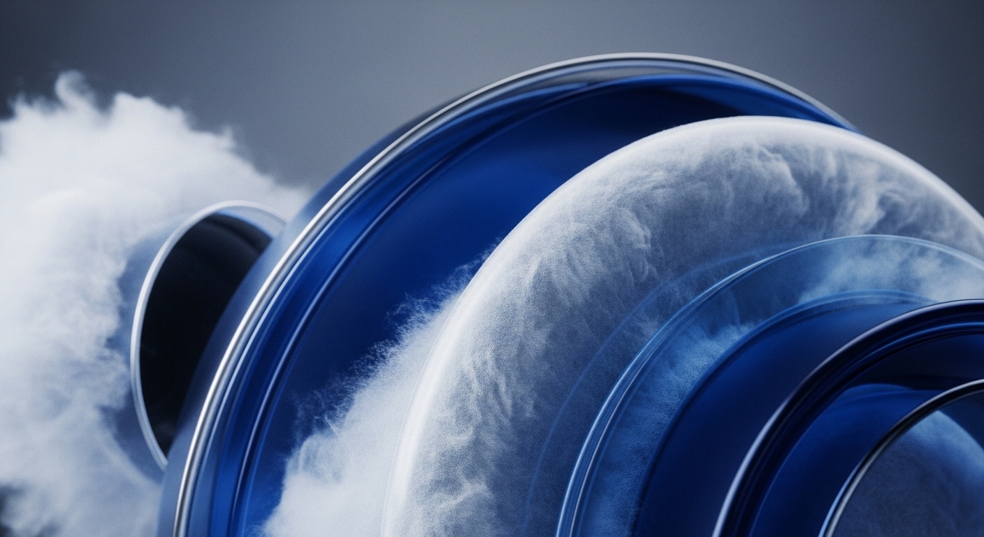 The visual presents a series of concentric, semi-transparent blue rings, some containing or interacting with white, cloud-like formations. These elements are set against a gradient dark background, creating a sense of depth and dynamic movement