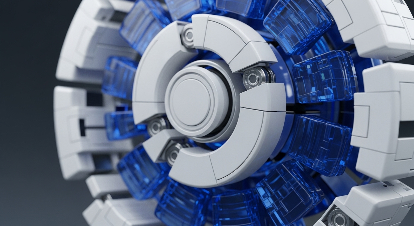 A futuristic white and translucent blue modular mechanism features interlocking components surrounding a central core. Transparent blue blocks, possibly representing encrypted data units or tokenized assets, are integrated within the white structural framework