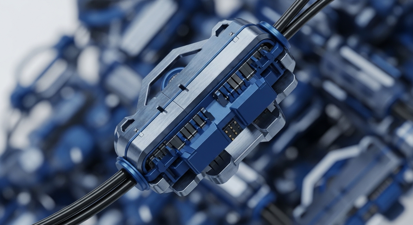 A sophisticated metallic and blue electronic connector, central to blockchain network infrastructure, securely integrates multiple data transmission lines. Its brushed silver casing, accented with deep blue modular components, reveals intricate circuitry and numerous small black integrated circuits, suggesting robust node hardware or hardware wallet capabilities. This cryptographic module facilitates high-speed transaction throughput and secure channel communication within a distributed ledger technology DLT, crucial for decentralized finance DeFi and Web3 connectivity. Precision engineering hints at tamper detection for private key storage.